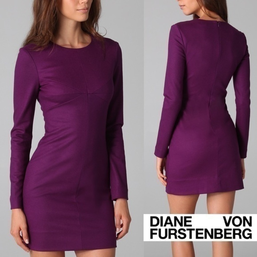 Diane von Furstenberg Wool Purple Crewneck Long Sleeve Mini Dress XS (0)